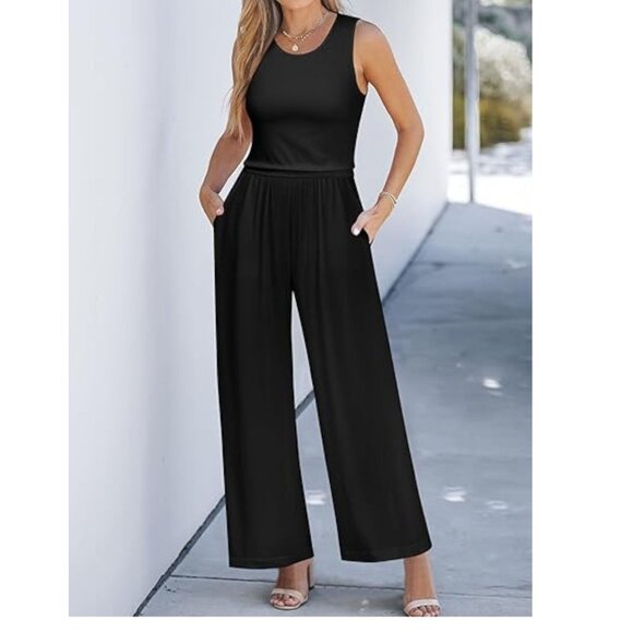 Nlife Tank Top Sleeveless Flare Jumpsuit with Pockets In‎ Black - Size XL - Picture 2 of 8